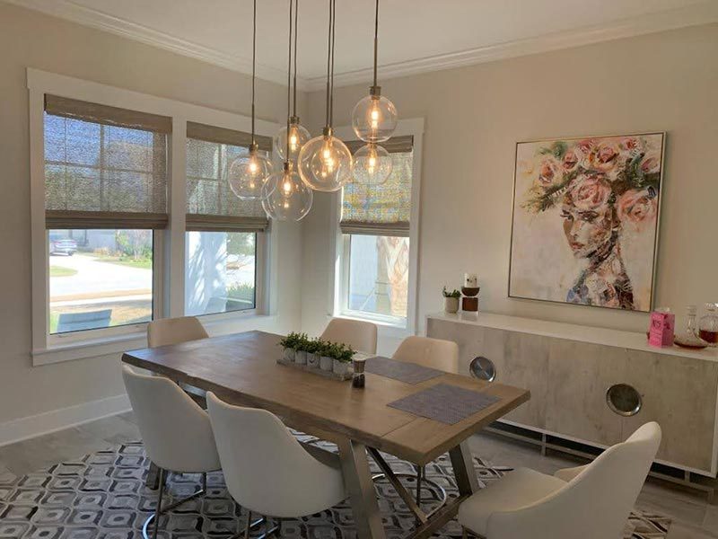 Woven Roman shades, dining room